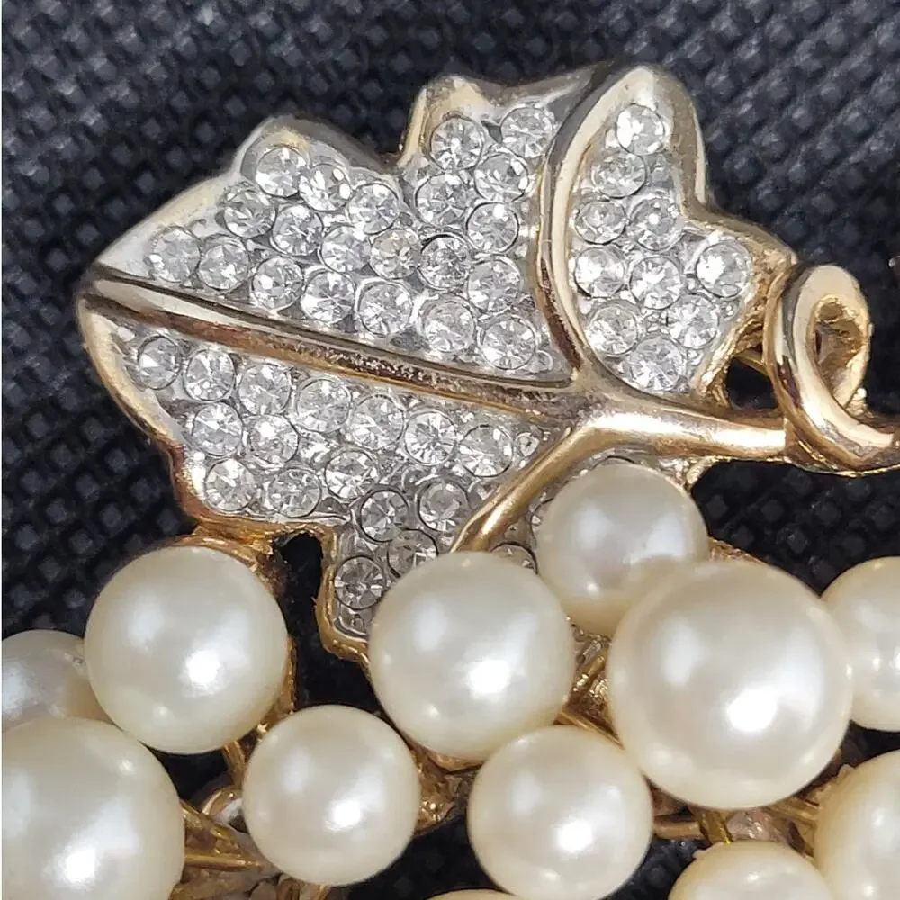 Glam Gold Tone Faux Pearl Crystal Grapevine Pin Chic Vintage Garden‎ Party Vibes